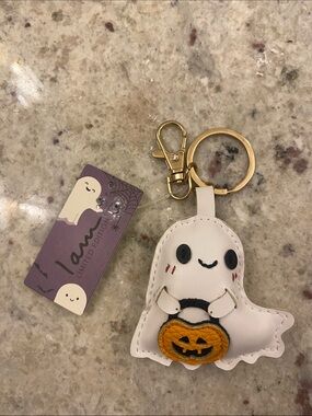 White Ghost faux leather bag charm Keychain with Orange Pumpkin NWT by I am